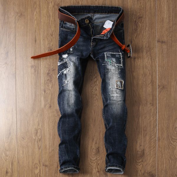 

2018 new spring hi street popular vintage blue men's jeans washed holes spliced jeans casual slim men's ripped denim trousers