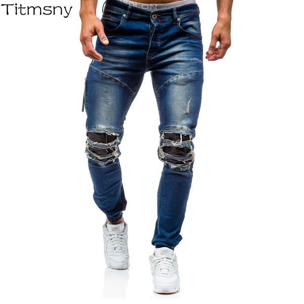 

titmsny hip hop trousers pencil pants for men solid fashion ripped hole distressed jeans streetwear skinny slim jeans, Blue