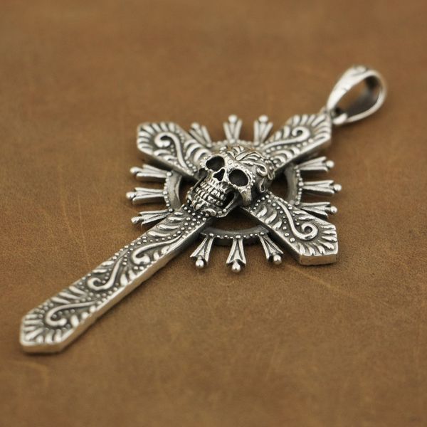 

linsion high detail 925 sterling silver skull cross mens biker punk pendant ta81 jp