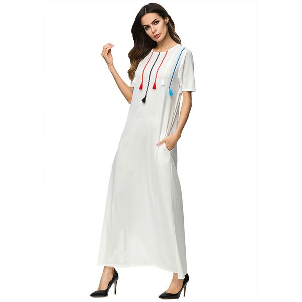 

3187165 sell muslim women fashion europe america pure color long tassel hanging pocket decoration long skirt muslims robe abaya hijab, Red