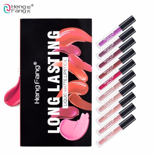 

hengfang brand 10pcs/set matte long-lasting lipstick 10 colors liquid lip gloss waterproof lip stick 2gx10 beauty pro makeup