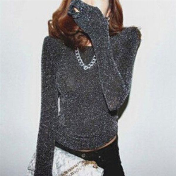 

women spring o neck sequined long sleeve blouse transparent silver club party shirts shiny tight thin blusa, White