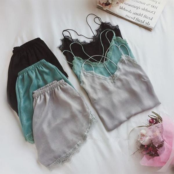 

lace trim pajamas women's rayon silk shorts +spaghetti strap camis sleepwear home wear sleeveless pajamas sets, Blue;gray