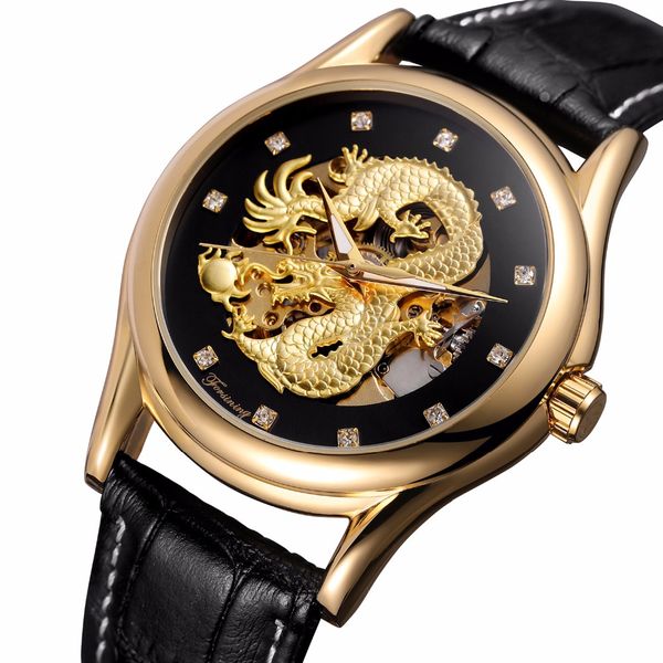 

gold dragon waterproof automatic mechanical wristwatches genuine leather watch in men fits for gifts, Slivery;brown