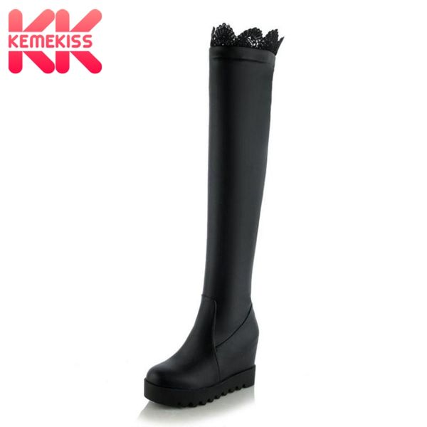 

kemekiss women thigh high boots winter plush fur shoes woman thick bottom shoes embroidery inside heels warm boots size 33-43, Black