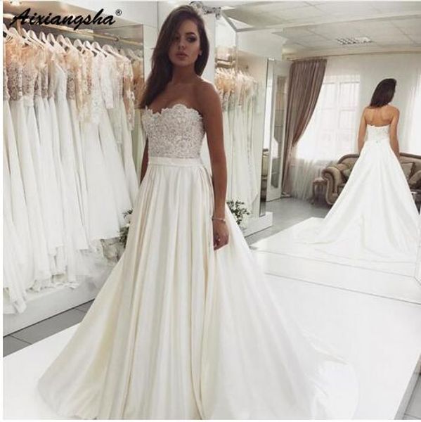 

2019 new design sweetheart a line lace bodice satin ivory wedding gowns robe de mariee vintage bride wedding dress, White