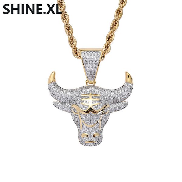 

iced out gold plated cow head pendant necklace micro paved zircon come with rope chain men jewelry gift, Silver