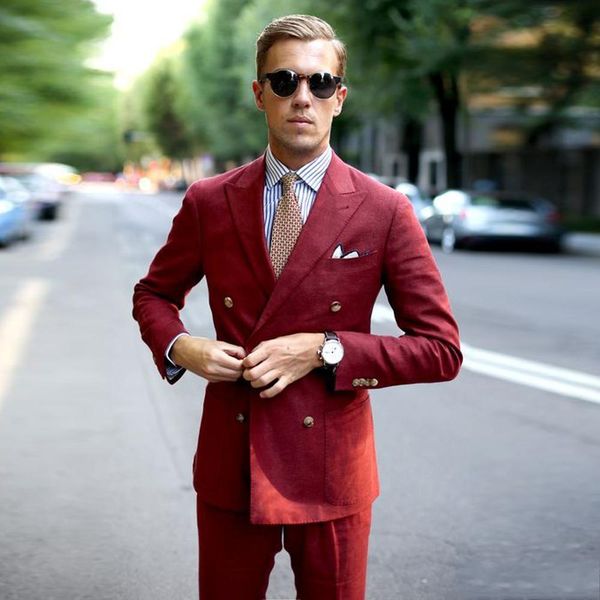 Double-Breasted Red Groom Tuxedos Peaked Lapela Guarnição Fit Groomsmen Casamento Smoking Ternos Do Partido Dos Homens ((Jacket + Pants + Tie + Cinturão) NÃO; 412