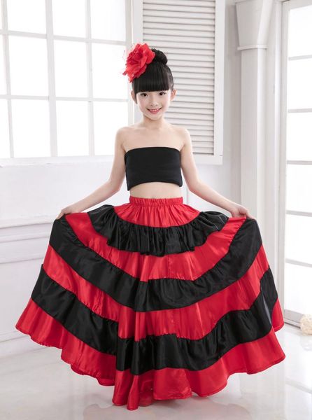 

children spanish flamenco skirt brazil dance costume gypsy robe de belly dance skirt belly clothes 540 degree, Black;red