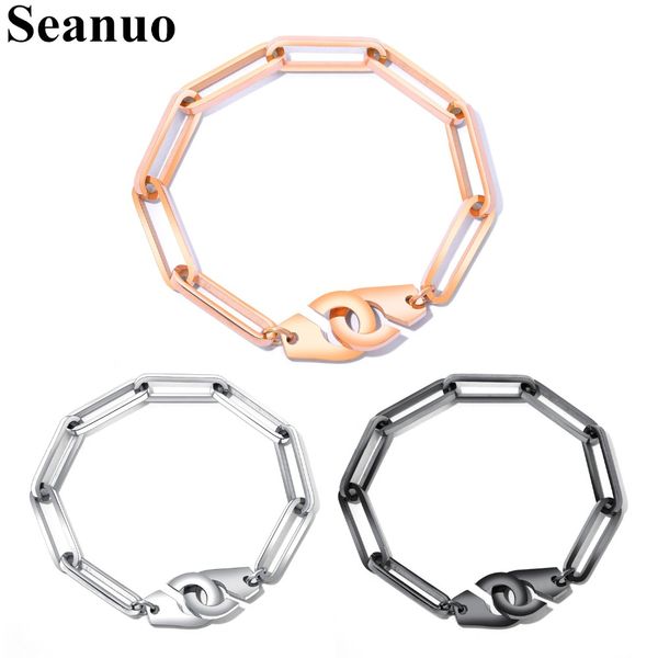 

2021 seanuo fashion chain creative charm handcuffs lover bangles bracelets jewelry personality stainless steel couple cuff braceelt for men, Black