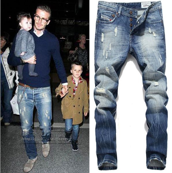 

mens fake designer clothing jeans ripped straight long jeans fashion trousers male clothing pants, Blue