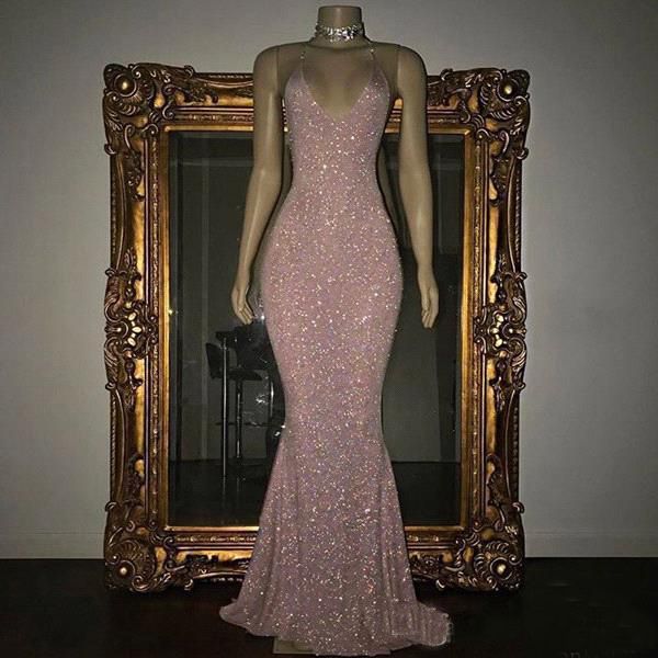 

2018 Stunning Rose Pink Sequined Dresses 2K18 Long Prom Dresses Spaghetti Straps Mermaid Evening Gowns Custom Made