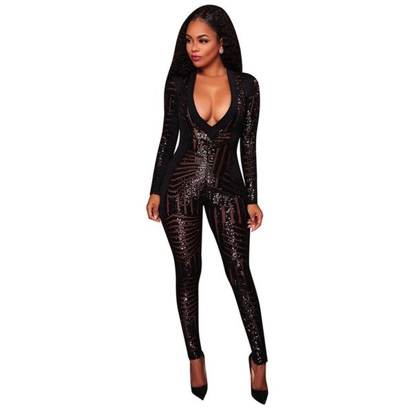

sequins jumpsuit women rompers skinny long pants long sleeve party club jumpsuits female black gold overalls, Black;white