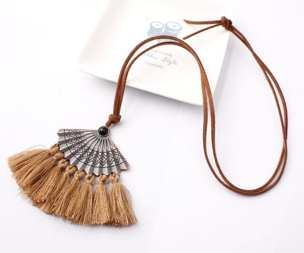 

vintage bohemian ethnic statement fan shape tassel pendant necklace for women sweater chain choker jewelry accessories gifts, Silver