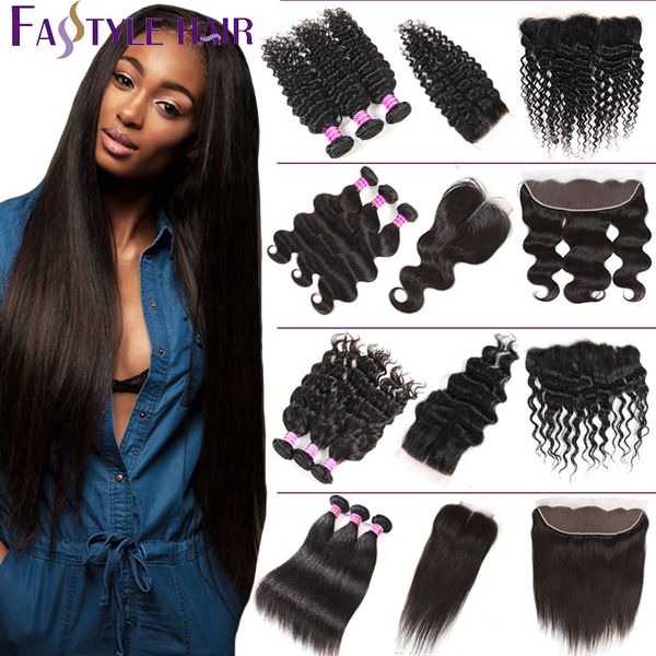 

brazilian virgin human hair bundles with lace closure frontal straight deep body water wave kinky curly ear to ear extensions weft weave for, Black;brown