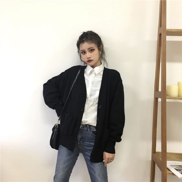 

sweater cardigan women solid v neck autumn winter korean loose knit sweater women, White;black