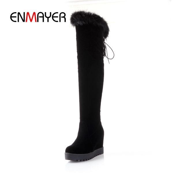 

enmayer 2018 new fashion lady round toe increasing height back lace up over-the-knee boots big size 34-39 zyl770, Black