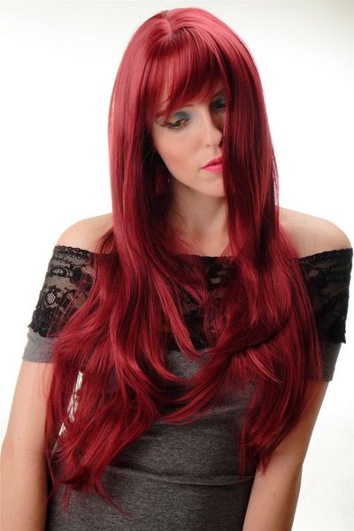 

human made hair wigs damenperÃ¼cke qualitÃ¤tsperÃ¼cke sehr lang glatt pony rot granatrot fashion picture wig 70 cm, Black;brown