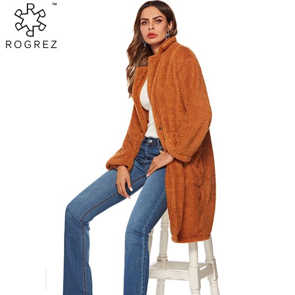 

rogrez winter faux fur pocket open stitch solid color long sheepskin coat female keep warm outerwear 2018, Black