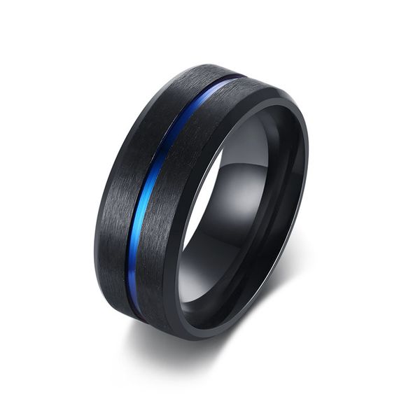 Tamanho 7-12 Men's Black Color Titanium Steel Ring Holiday 8mm Azul Grooved Alliance Masculino Casual Jóias Casamento Bandas