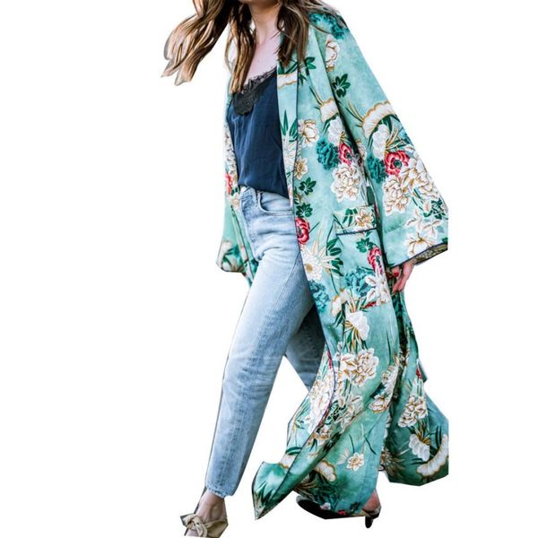 

2018 women trench fashion feitong women's bohemia floral tassel long kimono oversized shawl tw blusa feminina, Tan;black