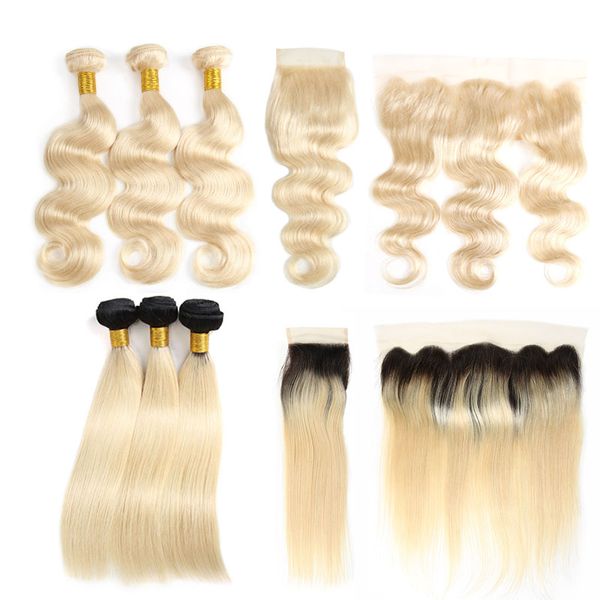 

brazilian virgin hair wefts with frontal 1b 613 straight human hair weaves 613 blonde bundles with closures body wave remy hair extensions, Black