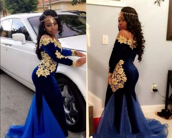 

amazing velvet royal blue prom dresses african gold lace long sleeves mermaid 2018 off the shoulder evening formal dress gowns, Black