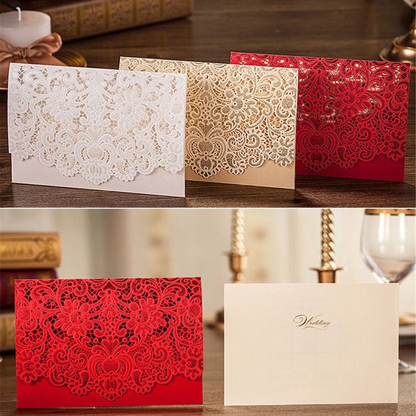 Gold Red White Laser Cut Luxury Flora Wedding Invitations Card