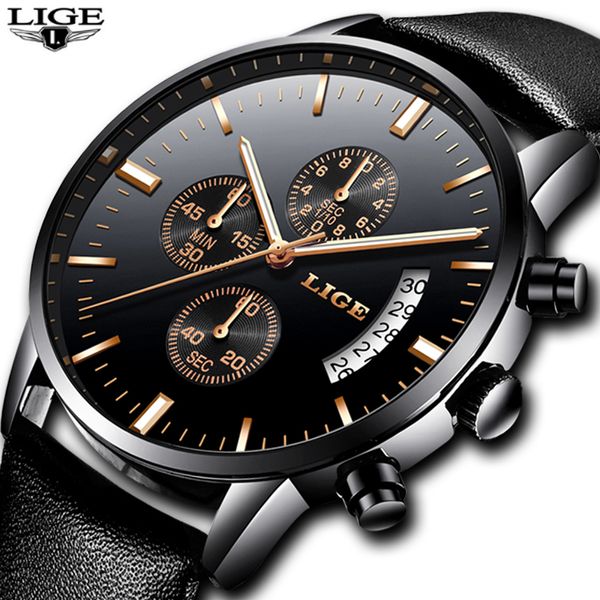 

mens watches lige casual sports watch men's chronograph date quartz watch men's leather waterproof clock relogio masculino+box, Slivery;brown