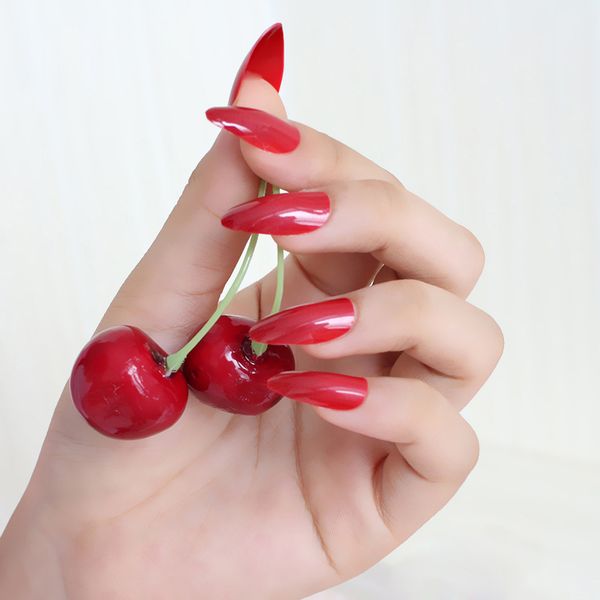 

2018 24pcs solid color pointed hand finger false nail.fashion must be red c594, Red;gold