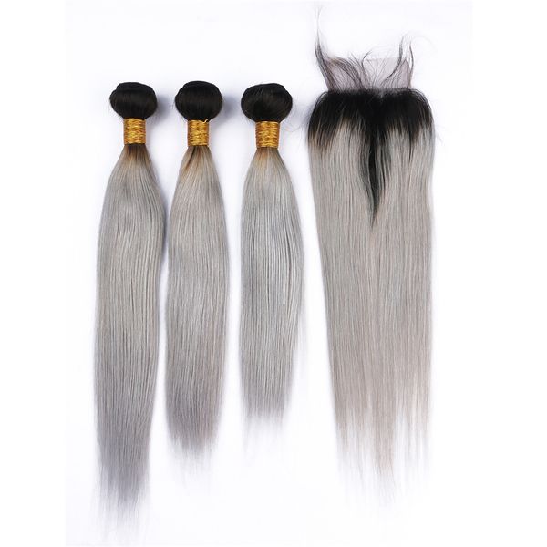 # 1B / Cinza Ombre Virgem Indiano Cabelo Humano Tece Reto De Seda com Fechamento Raiz Escura Prata Cinza Ombre 4x4 Fechamento de Renda com Pacotes de Tecer