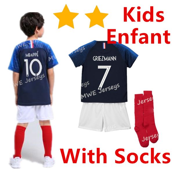 Acheter Maillot De Foot 1819 Enfants Kits De Football 2018 19 Football 2 étoiles Mbappe Griezmann Pogba Deux Etoiles Maillot Equipe De France Shirt