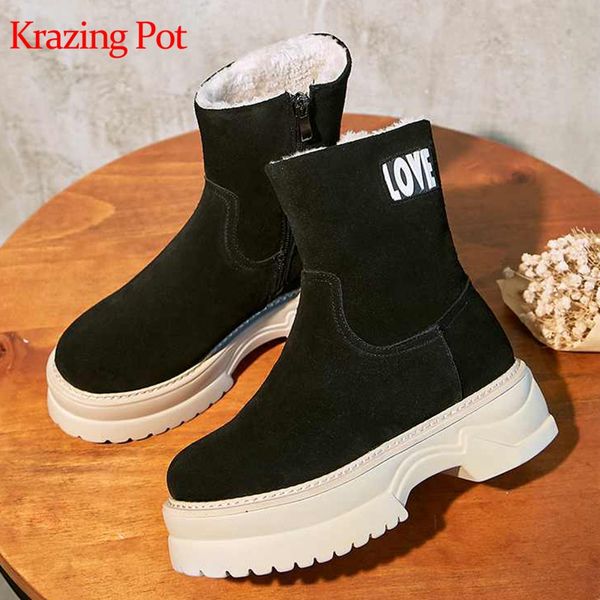 

krazing pot new cow suede round toe zipper platform keep warm alphabet decoration superstar super cold protection snow boots l67, Black