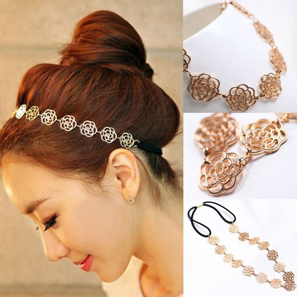 

fashion elastic flower headband lovely metallic women hollow rose hair head band headwear accessories beauty makeup hair styling tools