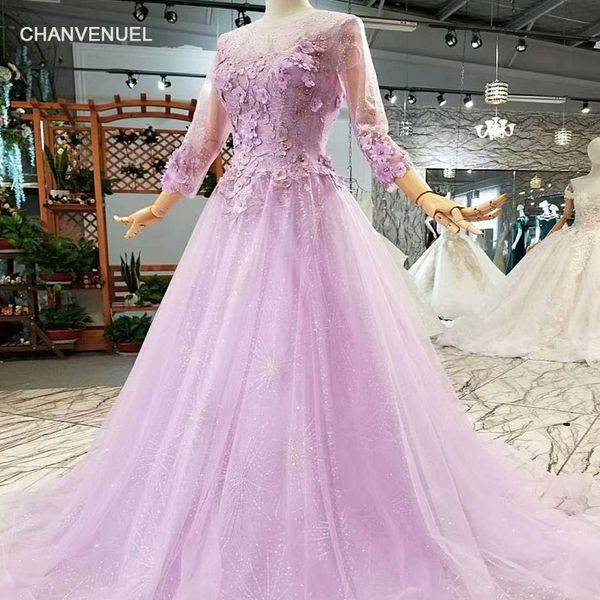 

2019 long tulle sleeve evening dresses illusion neckline hand made 3d floral applique pearl lace up back sequins cocktail party prom gowns, Black