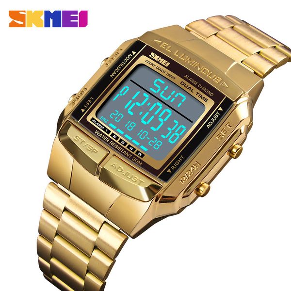 

skmei luxury sports watch golden men's watch led digital alarm countdown steel male wrist watches clock relogio masculin 1381, Slivery;brown