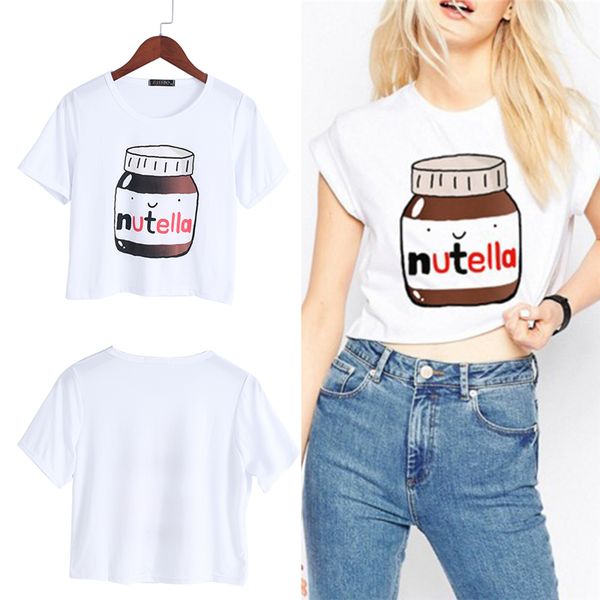 

2018 nutella print white crop tops summer short sleeve t shirts harajuku fitness women fashion kawaii t-shirt