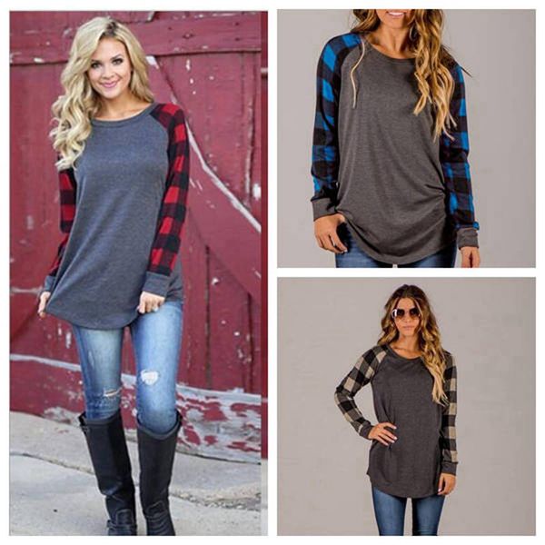 

plaid t-shirt women plus size fashion grid blouses fasghion casual shirt autumn raglan shirts women clothes s-5xl yl536, White