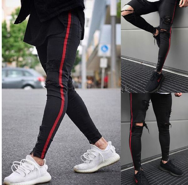

Mens Holes Side Red Striped Biker Jeans Slim Denim Pencil Pants Long Trousers Ripped Jeans Men Distressed Jeans Pants Free Shipping