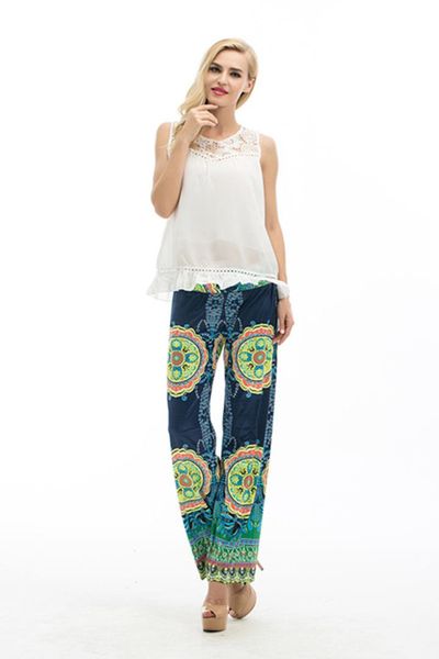 

summer ladies fashion loose stretch elastic high waist wide print floral blue leg long pants palazzo trousers, Black;white