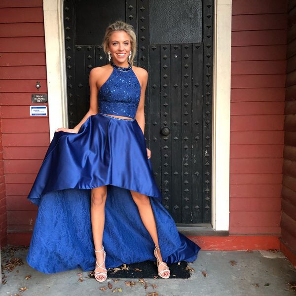 

two piece royal blue prom dresses halter lace satin beaded high how prom dresses 2018 party dresses sweep train, Black