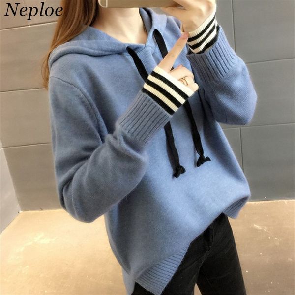 

neploe preppy style hooded pullovers women fake two pieces sueter mujer autumn winter thick warm sweater knitwear 68162, White;black
