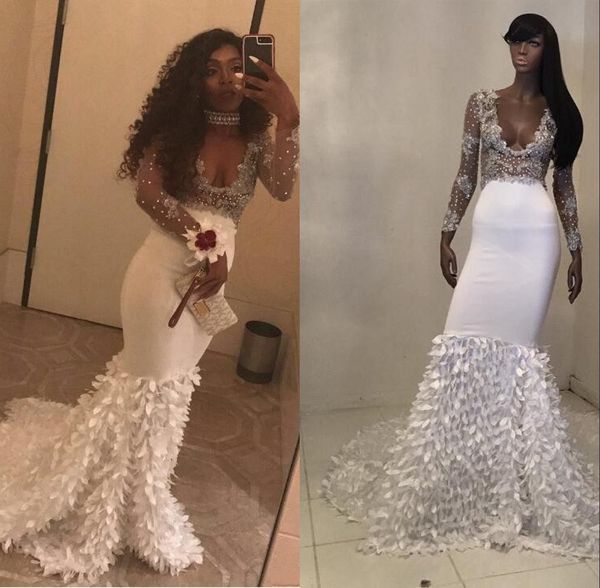 

black girls deep v neck long sleeves lace mermaid prom dresses 2018 tulle lace applique beaded 3d floral formal party evening dresses