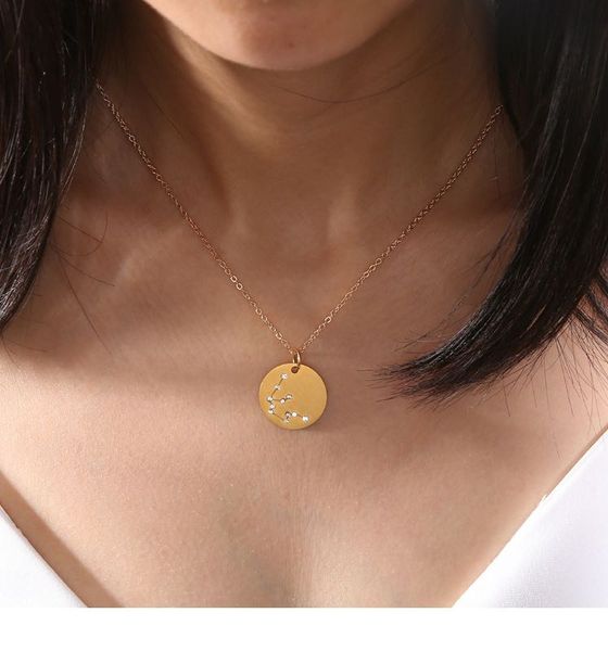 

12 constellation pendant necklaces metal round with rhinestone titanium necklace gold plated chain women jewelry ornaments wholesale, Silver