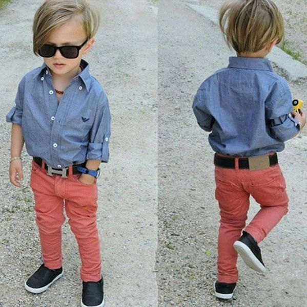 

autumn 2018 children set fashion baby boys clothes set denim shirt +long red pants 2pcs boy clothing sets kids clothes for 3-8t, White