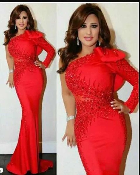 Red Arabic Evening Gowns Dresses One Shoulder With One Long