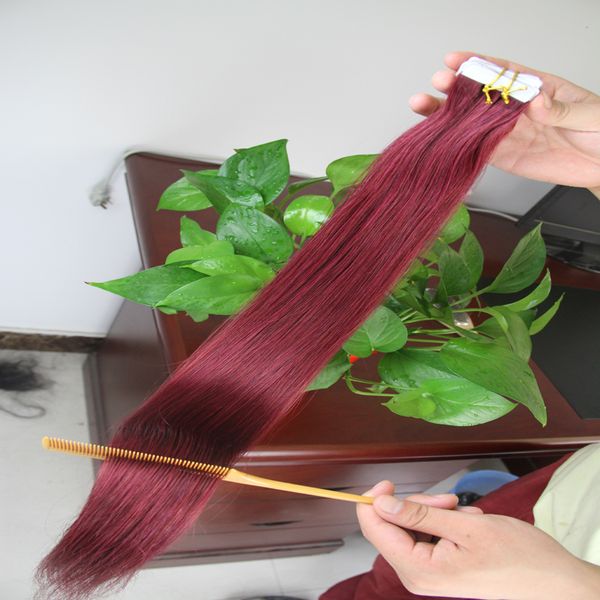 İnsan saç uzantıları 40 adet # 99J kırmızı şarap 100g 10 ila 26 inç makine yapımı remy saç yapıştırıcılar bant pu cilt atkı görünmez
