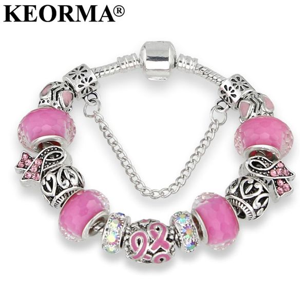 KEORMA Antique Silver bracelets for women Murano Glass Bead Crystal New Breast Cancer Awareness Pink Ribbon Charms Bracelet
