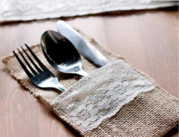 

100pcs/lot wedding decoration burlap lace flatware jute cutlery pocket handmade hessian tableware holder bags household 40%off