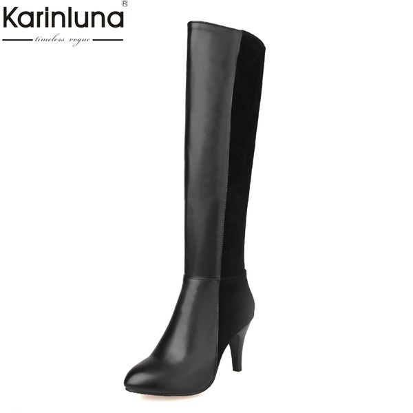 

karinluna 2018 dropship large sizes 33-43 thin high heel add plush women's shoes woman party winter woman knee-high boots, Black